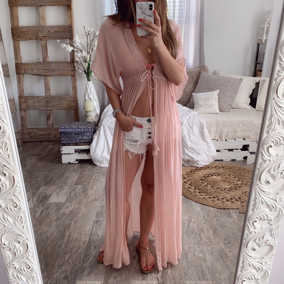 🌺 Pink Sheer Bikini CoverUp Kimono Dress - Picture 5 of 7